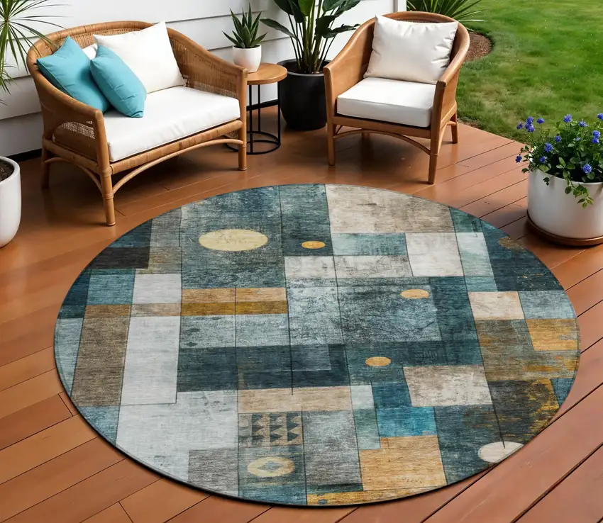 8' Blue Gold And Gray Round Abstract Washable Indoor Outdoor Area Rug Photo 1