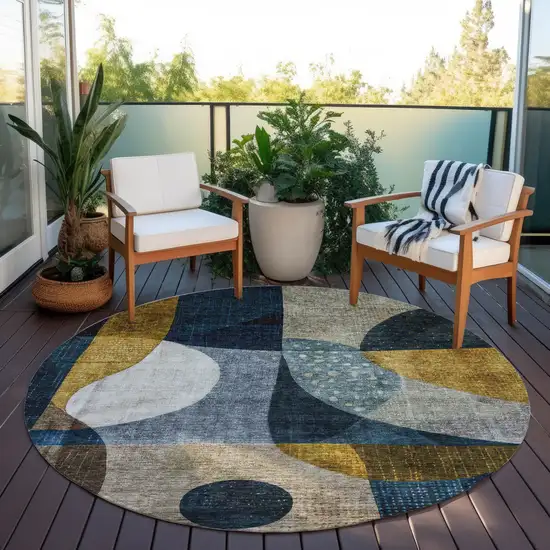 8' Blue Gold And Gray Round Abstract Washable Indoor Outdoor Area Rug Photo 7
