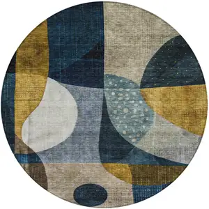 Photo of 8' Blue Gold And Gray Round Abstract Washable Indoor Outdoor Area Rug
