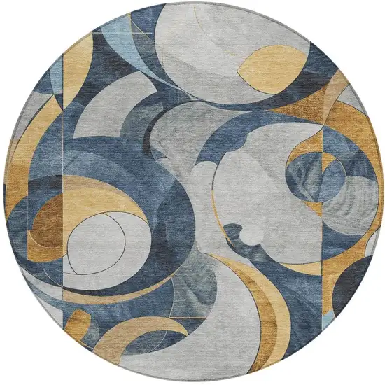 8' Blue Gold And Gray Round Geometric Washable Indoor Outdoor Area Rug Photo 4