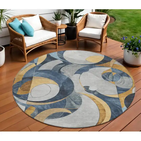 8' Blue Gold And Gray Round Geometric Washable Indoor Outdoor Area Rug Photo 2