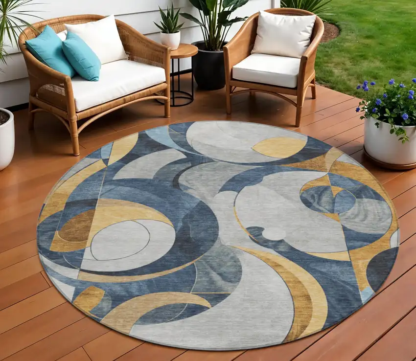 8' Blue Gold And Gray Round Geometric Washable Indoor Outdoor Area Rug Photo 2