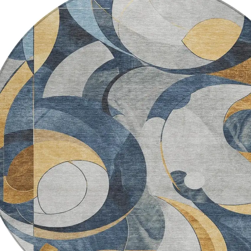8' Blue Gold And Gray Round Geometric Washable Indoor Outdoor Area Rug Photo 6