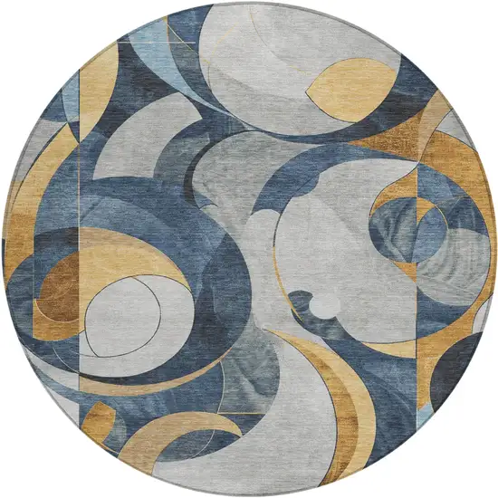 8' Blue Gold And Gray Round Geometric Washable Indoor Outdoor Area Rug Photo 1