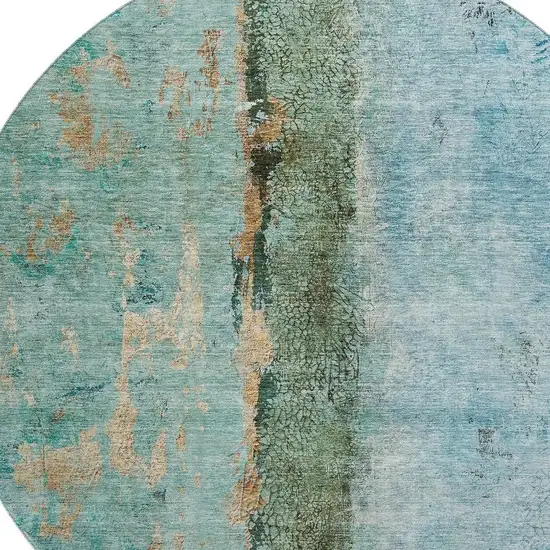 8' Blue Gold And Green Abstract Washable Round Rug With UV Protection Photo 3