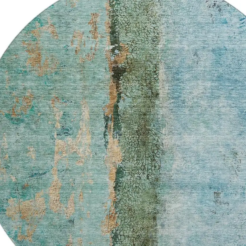 8' Blue Gold And Green Abstract Washable Round Rug With UV Protection Photo 3