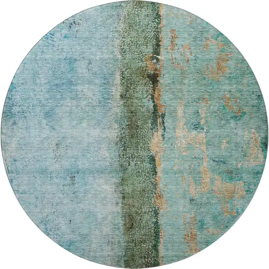 8' Blue Gold And Green Abstract Washable Round Rug With UV Protection Photo 4