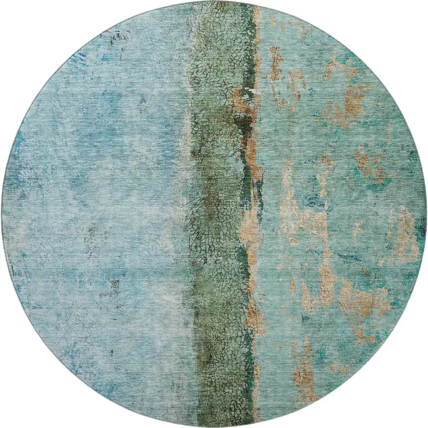 8' Blue Gold And Green Abstract Washable Round Rug With UV Protection Photo 4