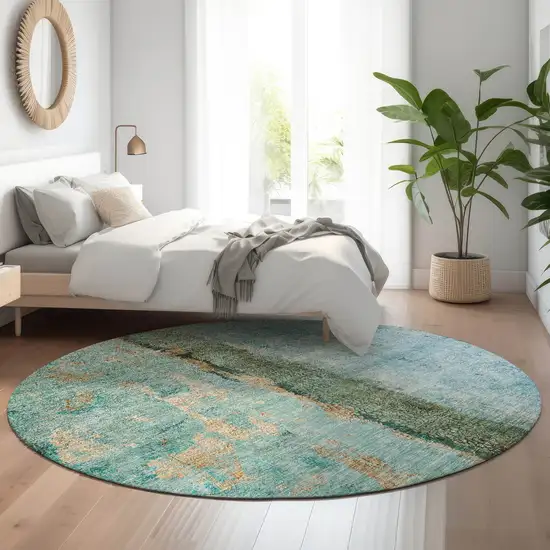 8' Blue Gold And Green Abstract Washable Round Rug With UV Protection Photo 5
