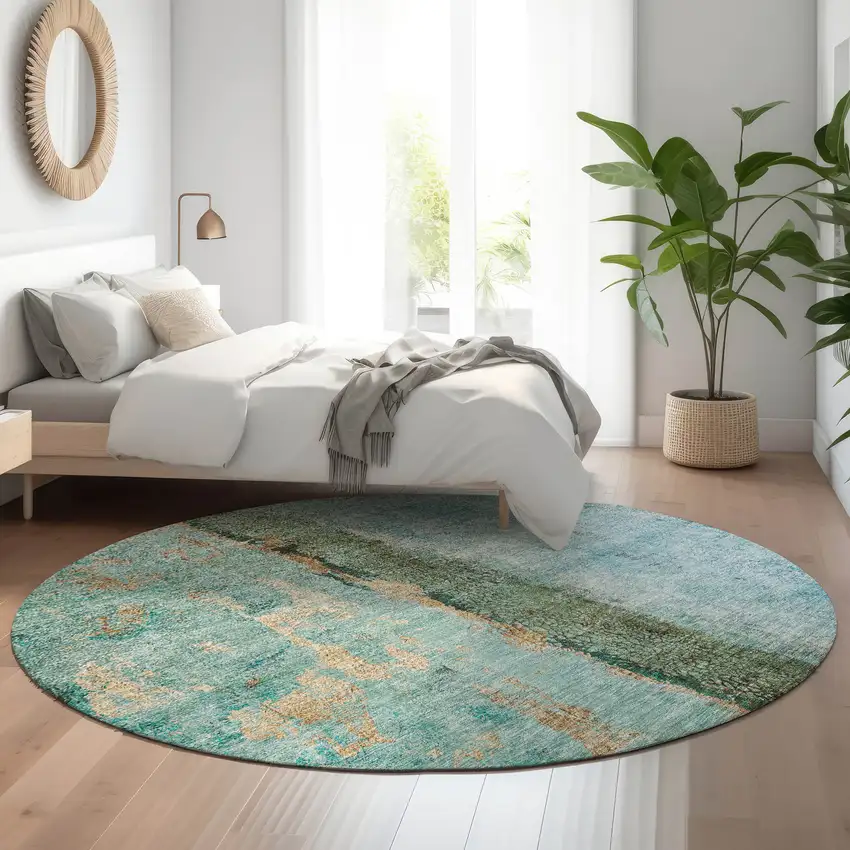 8' Blue Gold And Green Abstract Washable Round Rug With UV Protection Photo 5