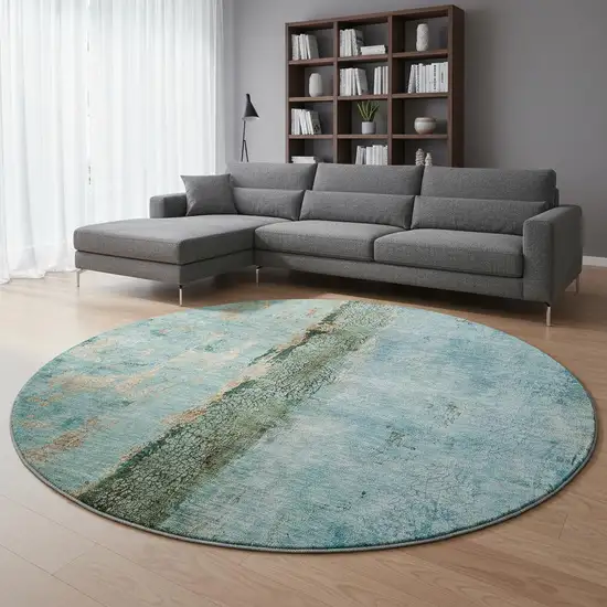 8' Blue Gold And Green Abstract Washable Round Rug With UV Protection Photo 2