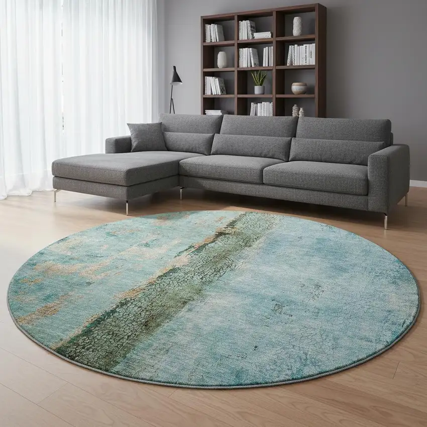8' Blue Gold And Green Abstract Washable Round Rug With UV Protection Photo 2