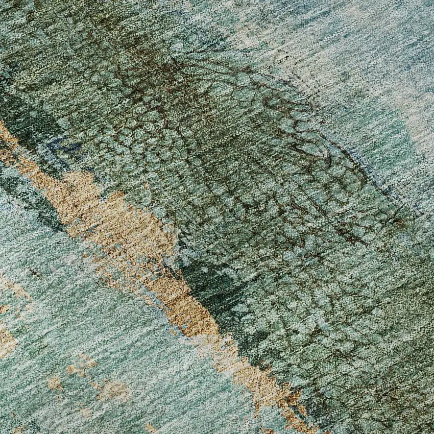 8' Blue Gold And Green Abstract Washable Round Rug With UV Protection Photo 9