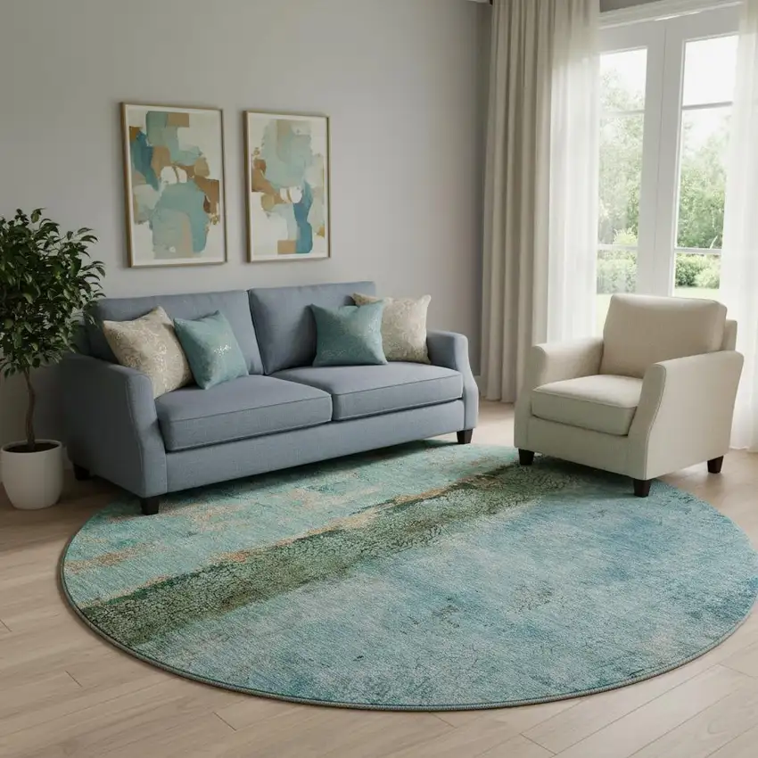 8' Blue Gold And Green Abstract Washable Round Rug With UV Protection Photo 1