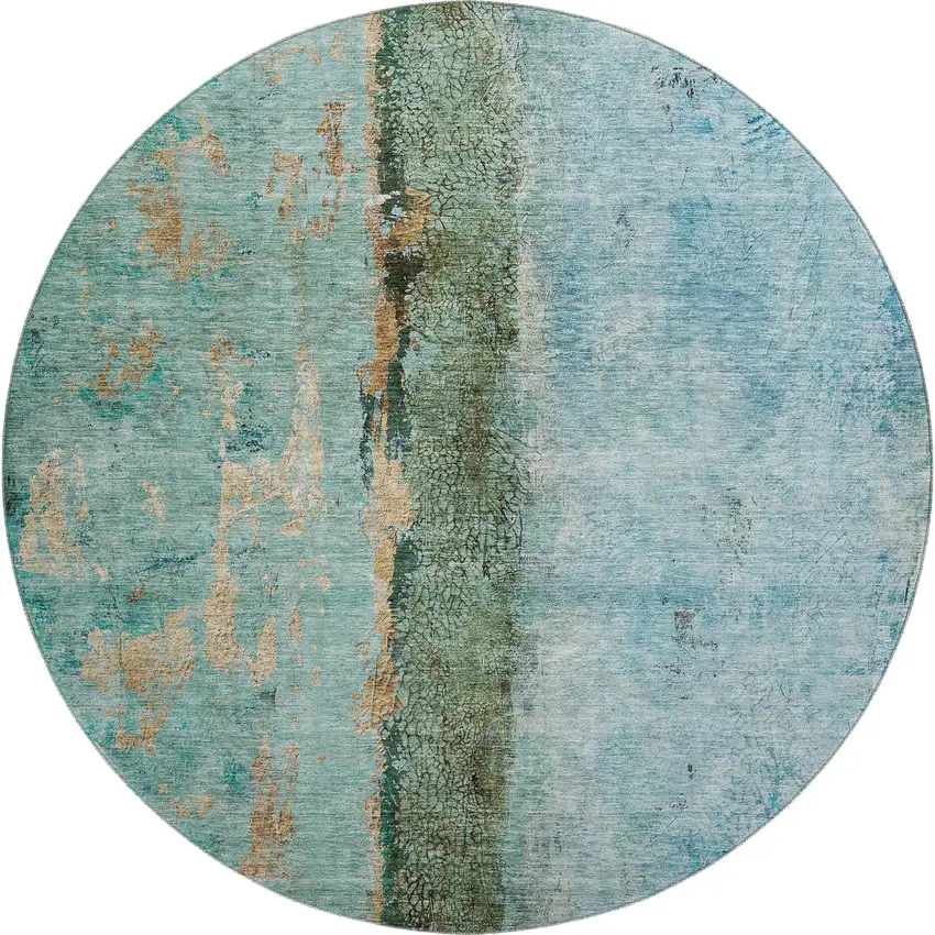 8' Blue Gold And Green Abstract Washable Round Rug With UV Protection Photo 1