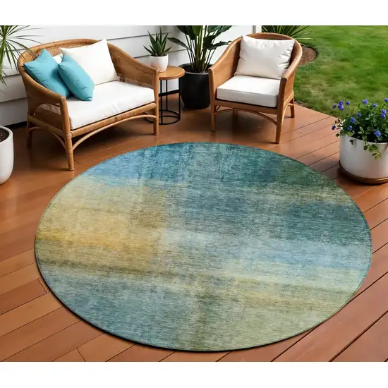 8' Blue Gold And Green Round Abstract Washable Indoor Outdoor Area Rug Photo 1
