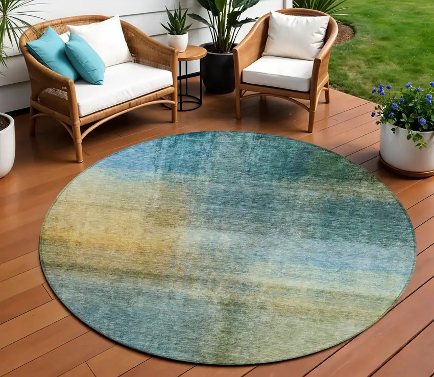 8' Blue Gold And Green Round Abstract Washable Indoor Outdoor Area Rug Photo 1