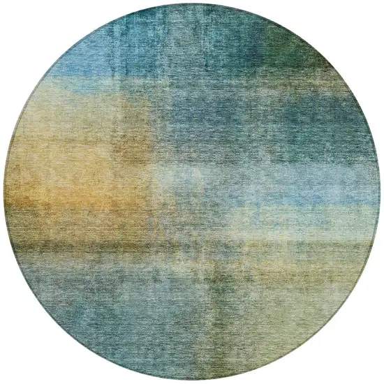 8' Blue Gold And Green Round Abstract Washable Indoor Outdoor Area Rug Photo 6