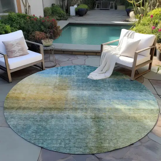 8' Blue Gold And Green Round Abstract Washable Indoor Outdoor Area Rug Photo 7