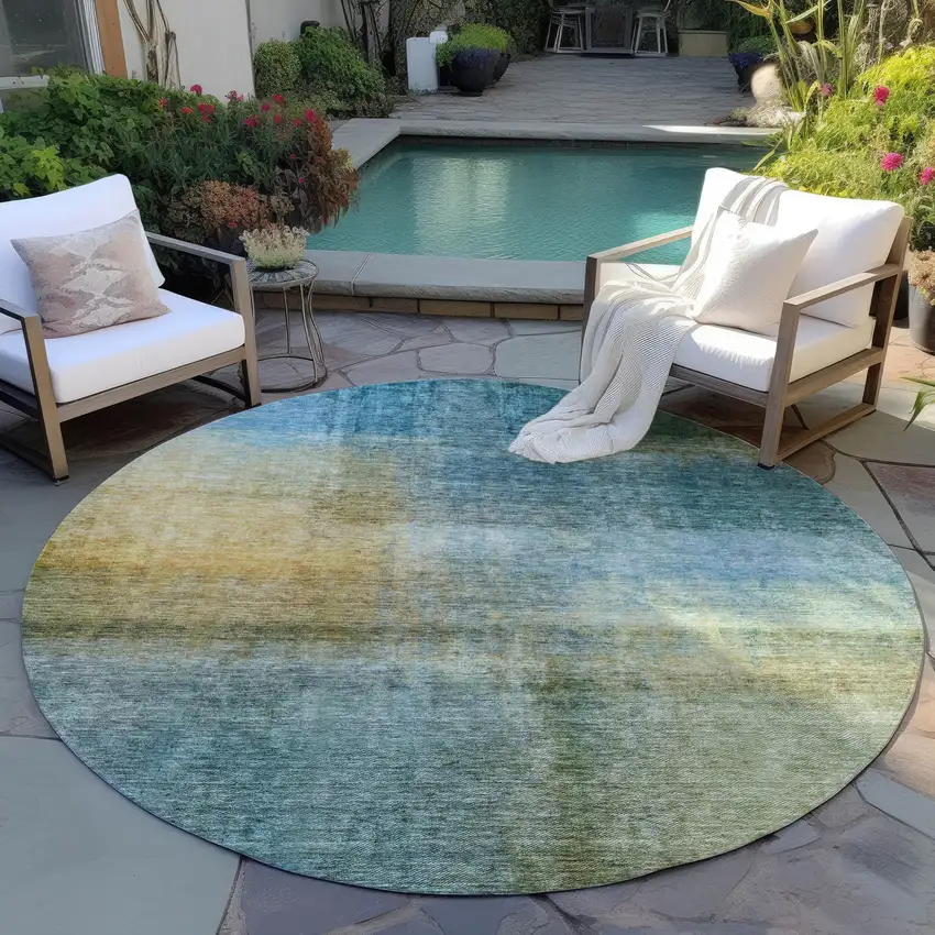 8' Blue Gold And Green Round Abstract Washable Indoor Outdoor Area Rug Photo 7