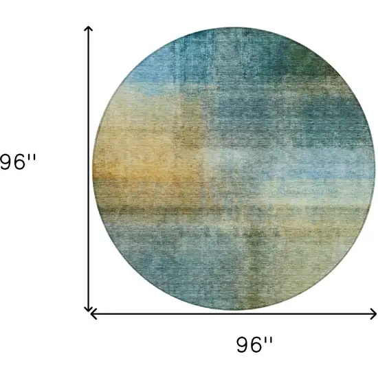 8' Blue Gold And Green Round Abstract Washable Indoor Outdoor Area Rug Photo 9