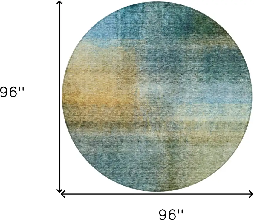 8' Blue Gold And Green Round Abstract Washable Indoor Outdoor Area Rug Photo 9