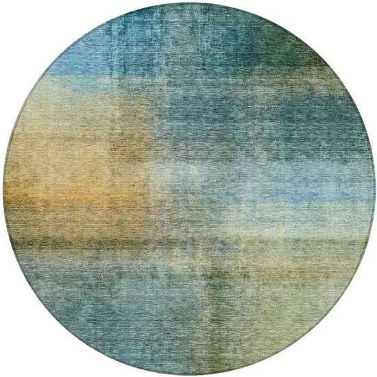 8' Blue Gold And Green Round Abstract Washable Indoor Outdoor Area Rug Photo 2