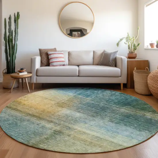 8' Blue Gold And Green Round Abstract Washable Indoor Outdoor Area Rug Photo 8