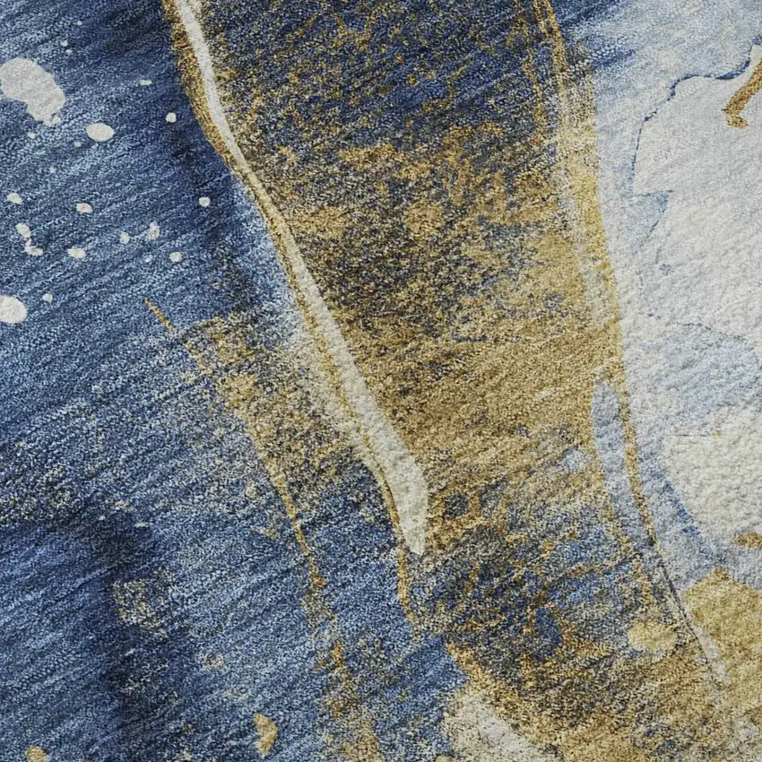 8' Blue Gold And Ivory Abstract Washable Area Rug With UV Protection Photo 1