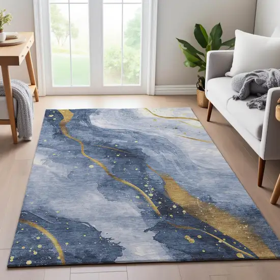 8' Blue Gold And Ivory Abstract Washable Area Rug With UV Protection Photo 5