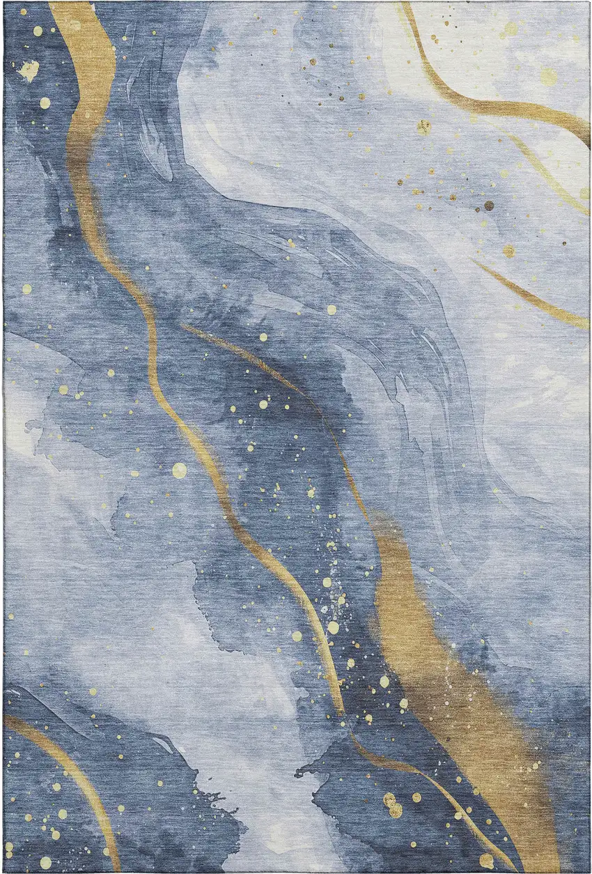 8' Blue Gold And Ivory Abstract Washable Area Rug With UV Protection Photo 1