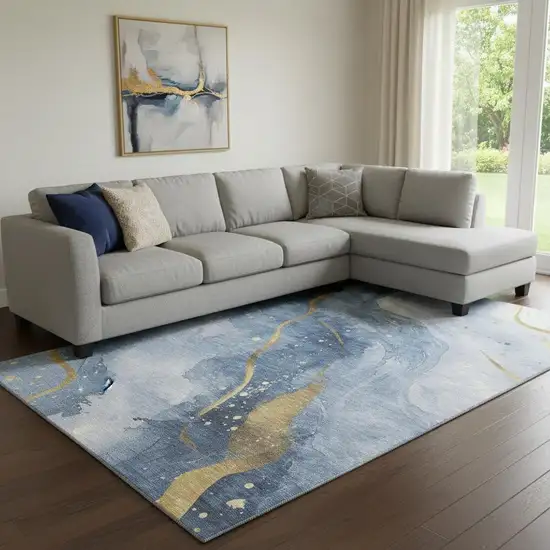 8' Blue Gold And Ivory Abstract Washable Area Rug With UV Protection Photo 2