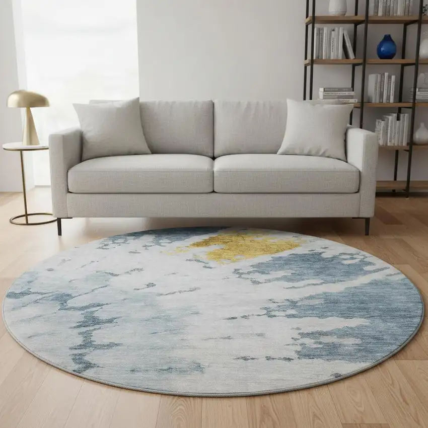 8' Blue Gold And Ivory Abstract Washable Round Rug With UV Protection Photo 2