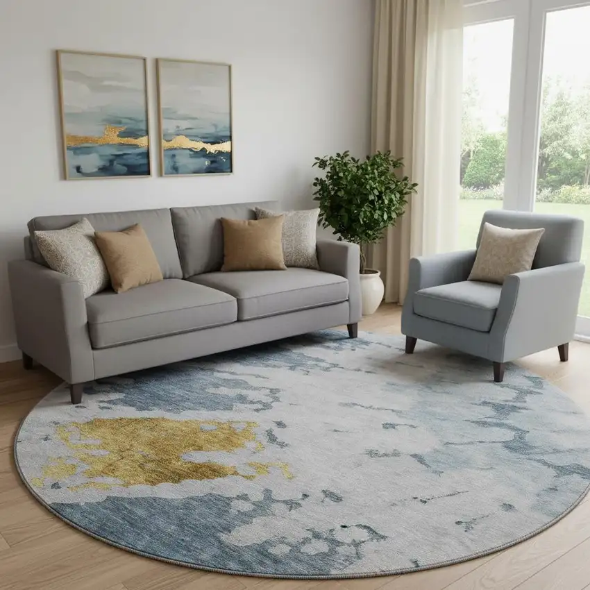 8' Blue Gold And Ivory Abstract Washable Round Rug With UV Protection Photo 1