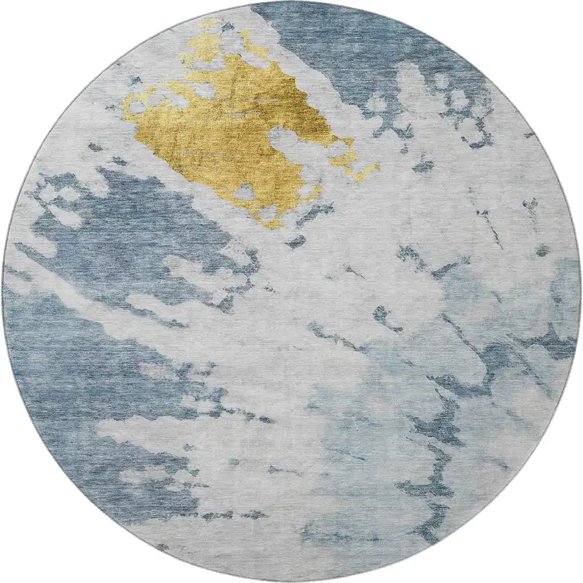8' Blue Gold And Ivory Abstract Washable Round Rug With UV Protection Photo 3