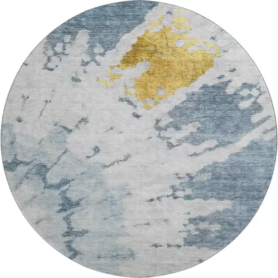 8' Blue Gold And Ivory Abstract Washable Round Rug With UV Protection Photo 1