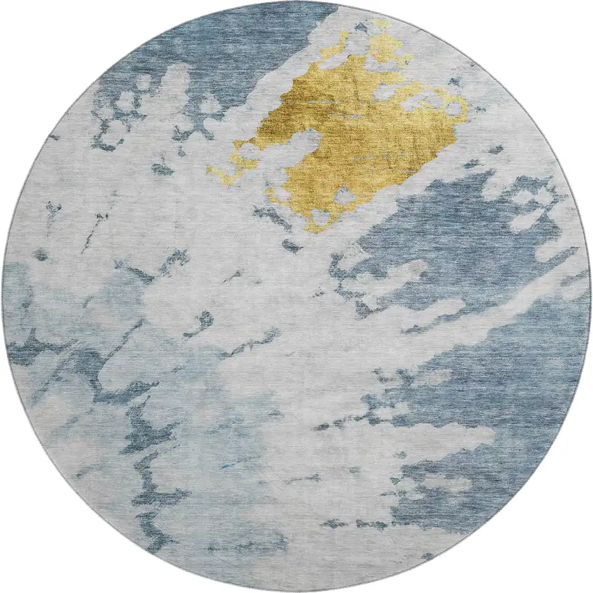 8' Blue Gold And Ivory Abstract Washable Round Rug With UV Protection Photo 1