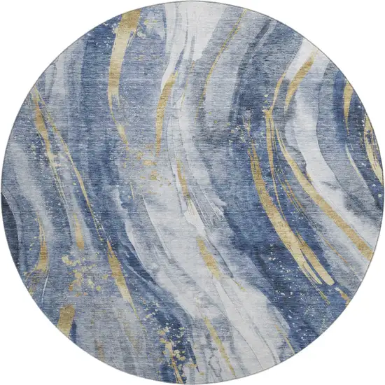 8' Blue Gold And Ivory Abstract Washable Round Rug With UV Protection Photo 1