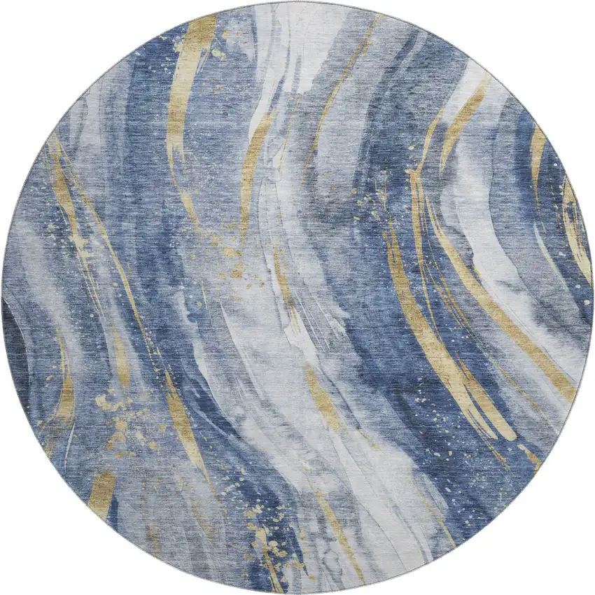 8' Blue Gold And Ivory Abstract Washable Round Rug With UV Protection Photo 1