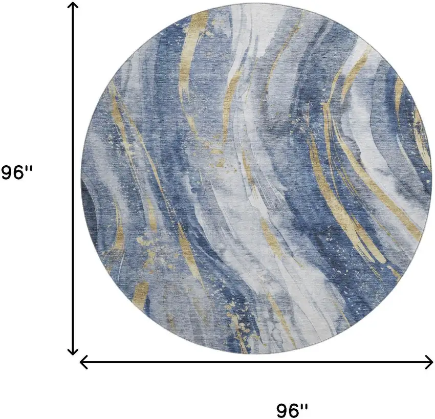 8' Blue Gold And Ivory Abstract Washable Round Rug With UV Protection Photo 9