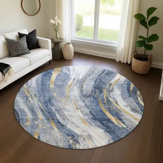 8' Blue Gold And Ivory Abstract Washable Round Rug With UV Protection Photo 4