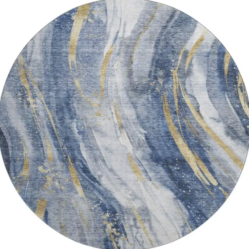 8' Blue Gold And Ivory Abstract Washable Round Rug With UV Protection Photo 3