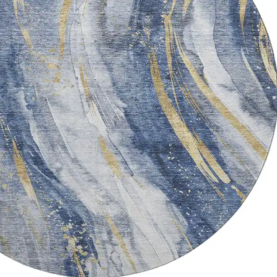 8' Blue Gold And Ivory Abstract Washable Round Rug With UV Protection Photo 2