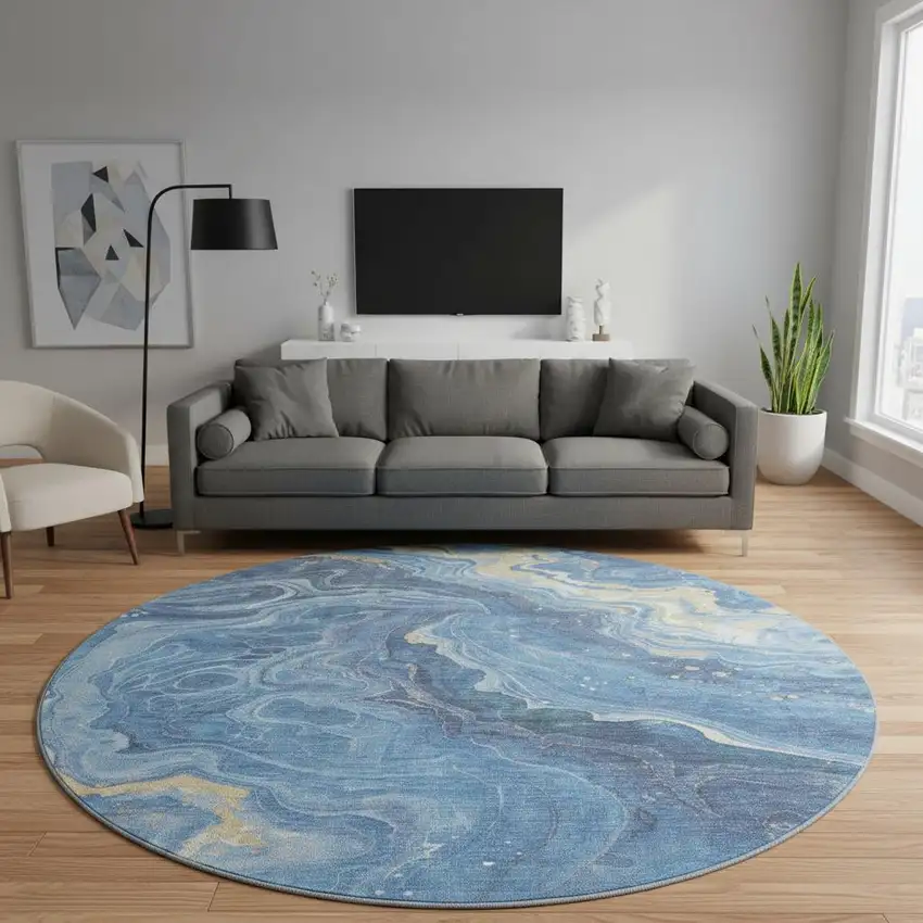8' Blue Gold And Ivory Abstract Washable Round Rug With UV Protection Photo 2