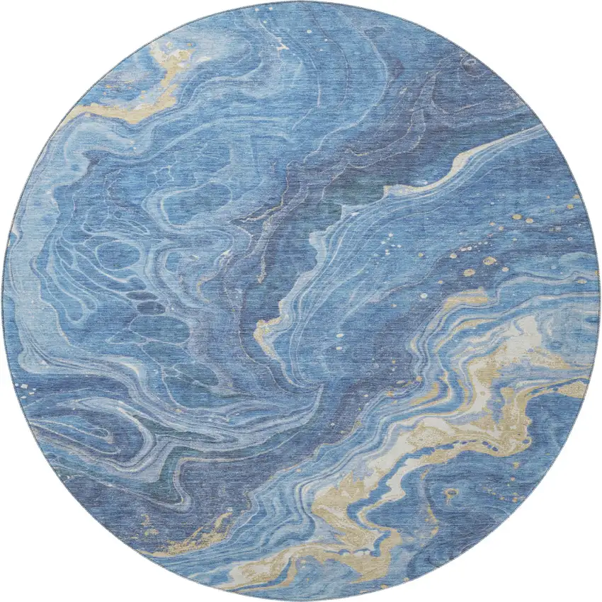 8' Blue Gold And Ivory Abstract Washable Round Rug With UV Protection Photo 3