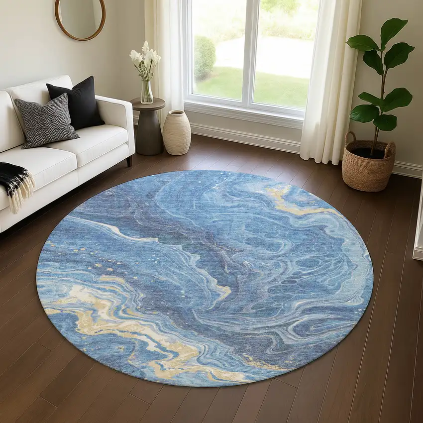8' Blue Gold And Ivory Abstract Washable Round Rug With UV Protection Photo 4