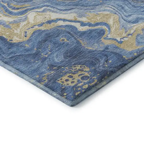8' Blue Gold And Ivory Abstract Washable Round Rug With UV Protection Photo 6