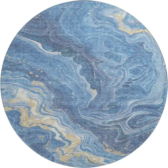 8' Blue Gold And Ivory Abstract Washable Round Rug With UV Protection Photo 1