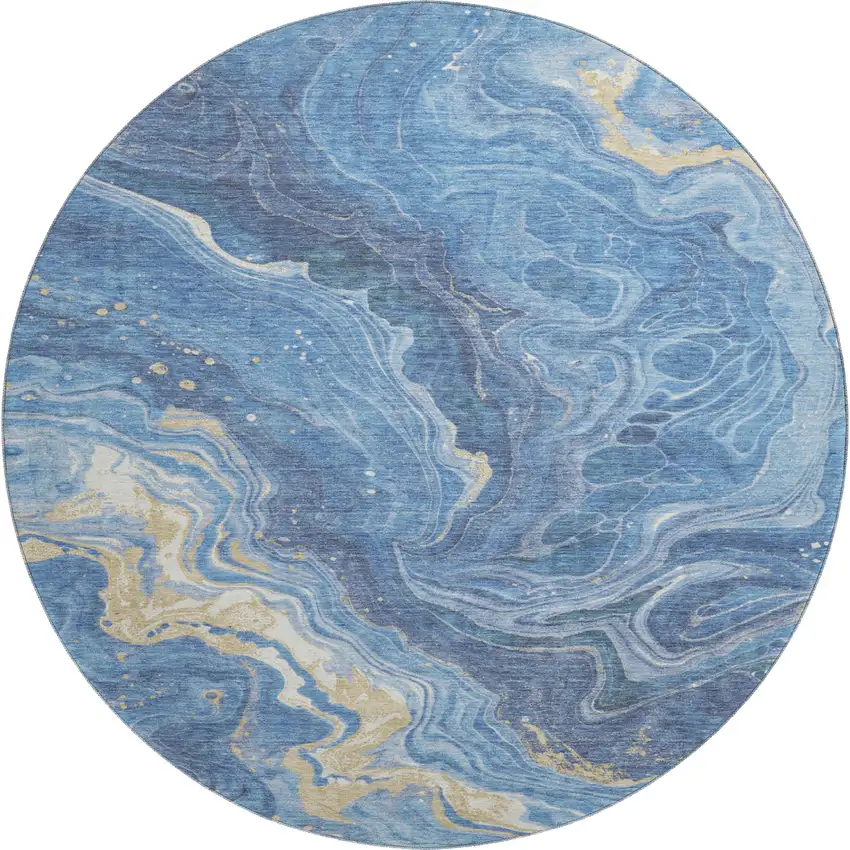 8' Blue Gold And Ivory Abstract Washable Round Rug With UV Protection Photo 1