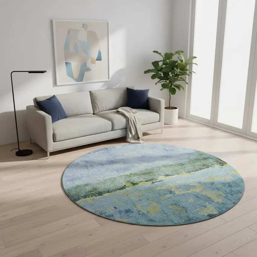8' Blue Gold And Ivory Abstract Washable Round Rug With UV Protection Photo 2